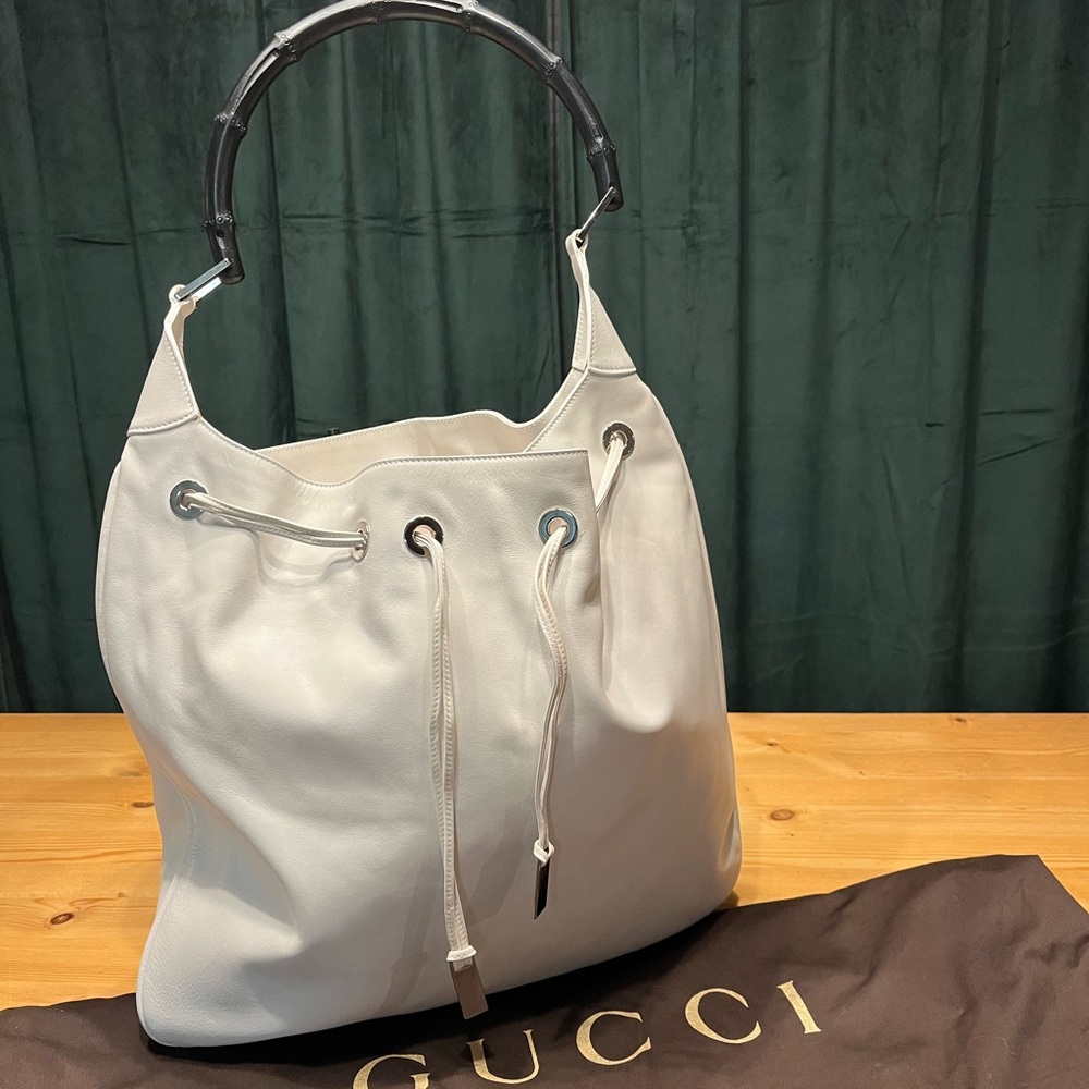 Gucci White Leather Hobo Bag with Black Bamboo Handle & Drawstring Closure